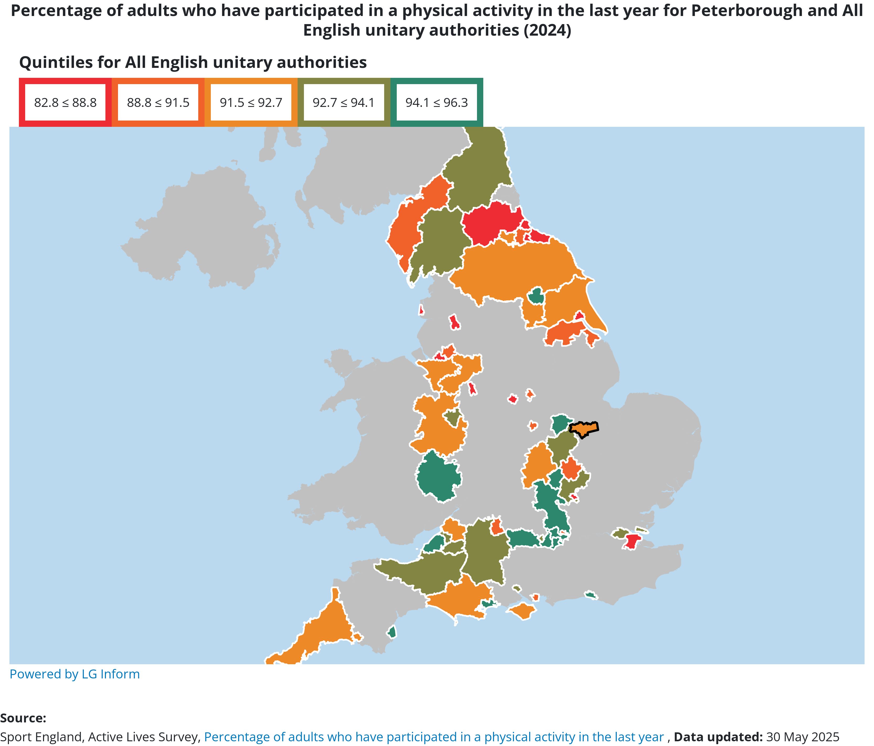 Map of adults who have taken part in physical activity in last year for Peterborough and all English authorities