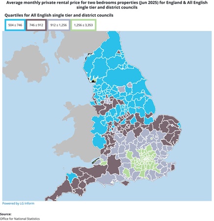 Map of private rental prices for two bedroom properties