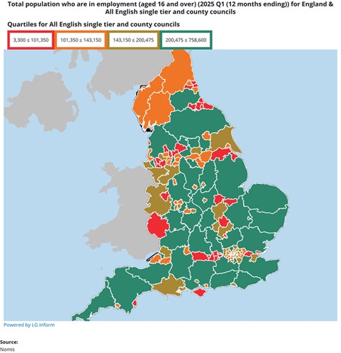Map of total population who are in employment