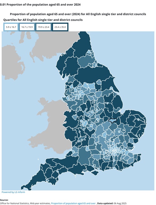 Map showing proportion of population aged 65 or over