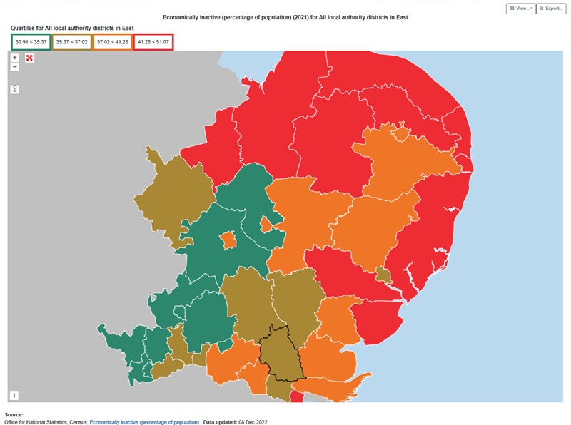 Map of percentage of population who are economically inactive for Chelmsford and surrounding areas