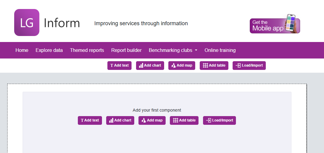 Screenshot of top of LG Inform report builder, showing 'Add text' button.