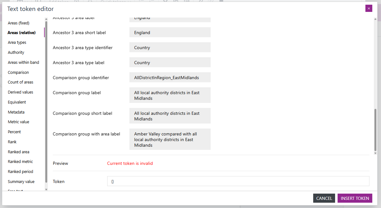 Text Token Editor with comparison group token visible.