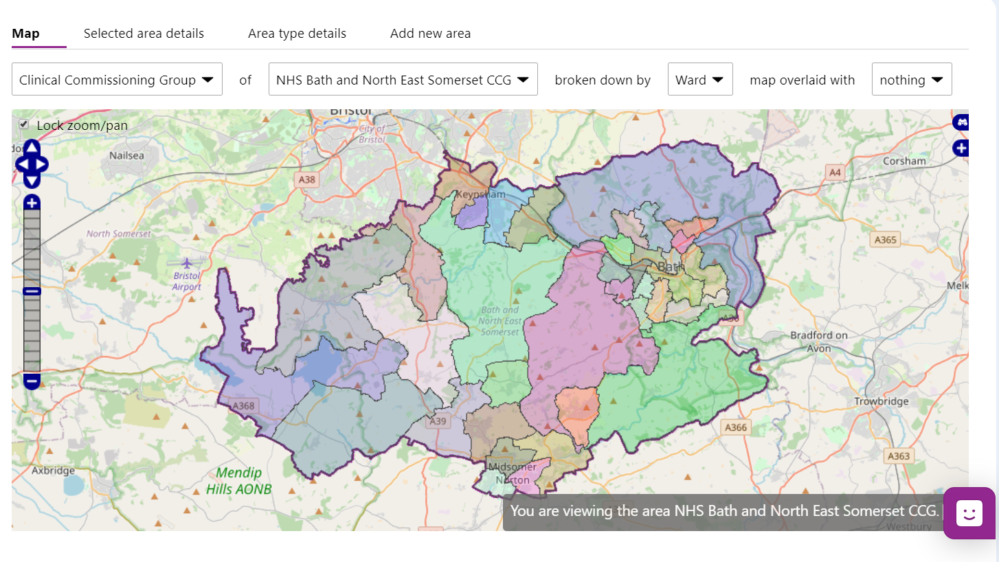 Screenshot showing an example of Natural Neighbourhood as a map: a Clinical Commissioning Group for Bath and North East Somerset by Ward.