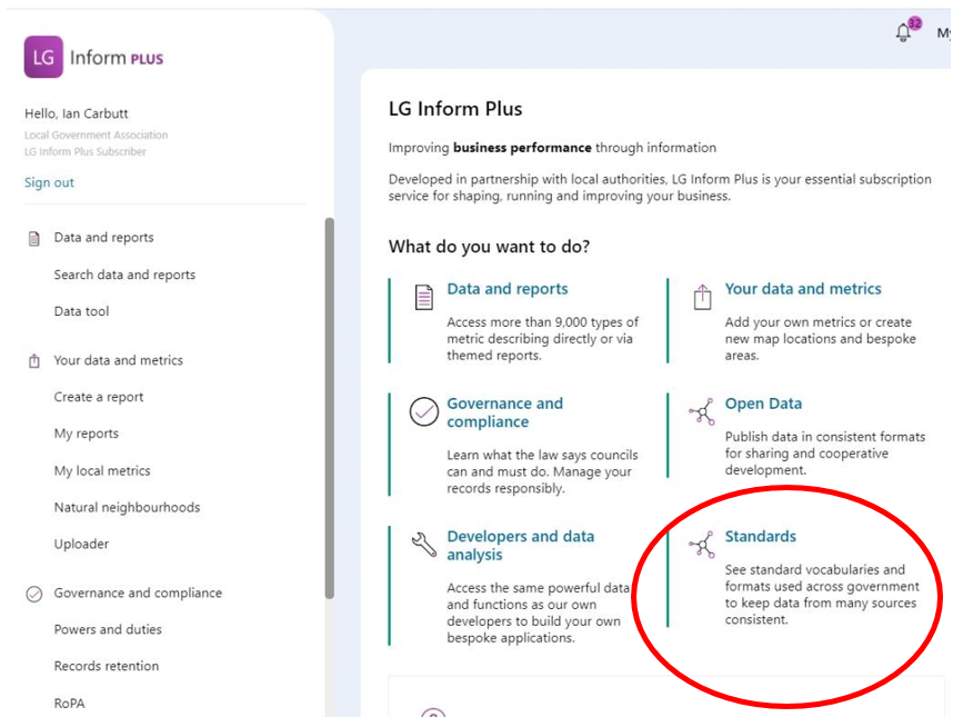 Screenshot showing how to locate the Standards via LGIP home/landing page