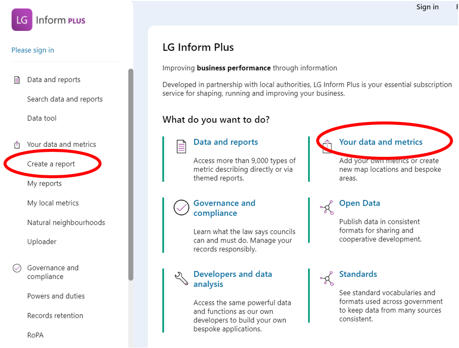 Screenshot showing the LG Inform Plus landing page and locating the Text Token Editor through 'Your data and metrics' or 'Create a Report'