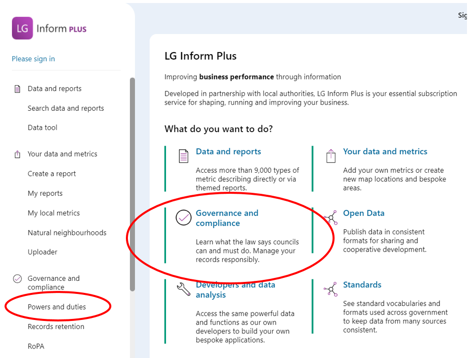 Screenshot of the Home/Landing page highlighting where to click to access the Powers and Duty module