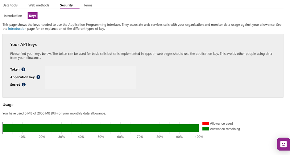 Screenshot showing details within Security and the Keys tab for an API