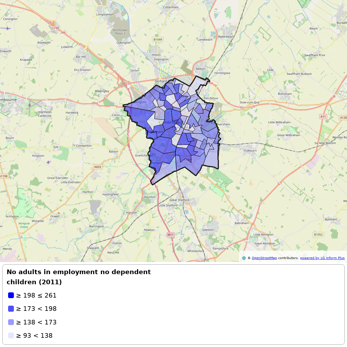 Screenshot of a map showing map of the number of households where no adult is in employment by Cambridge City Council ward.