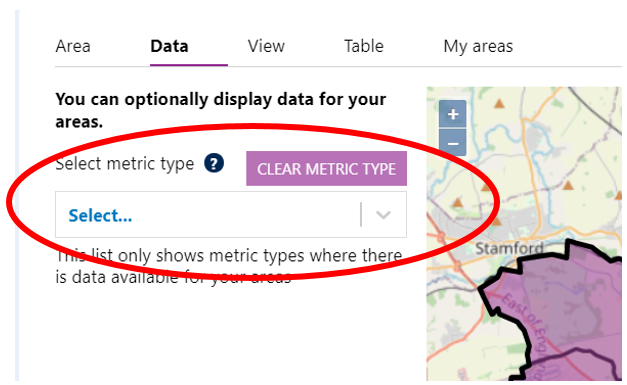 Screenshot showing the 'window' into the database where users can select metrics to view in the new area.