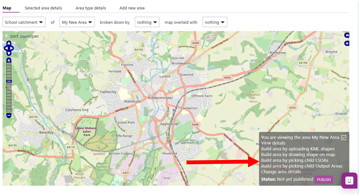 Screenshot showing where to go to choose 'Build area by picking child Output area'.
