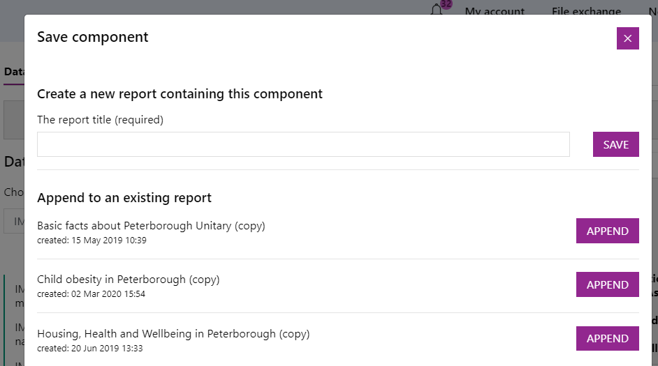 Screenshot of the @Save component' dialogue box prompting you to save it with a title or append it to an existing report.