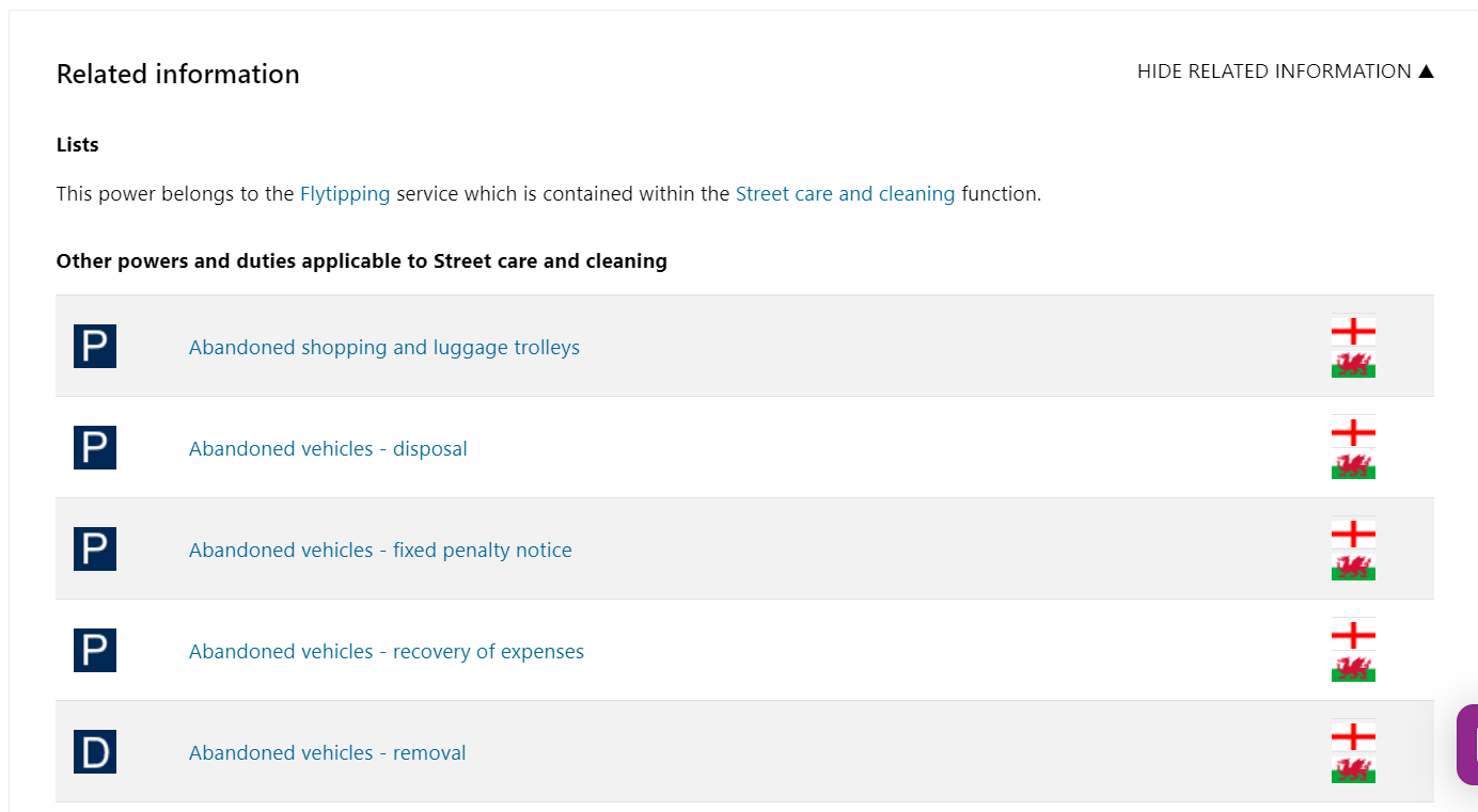 Screenshot of the Related information pane expanded showing related Powers and Duties.
