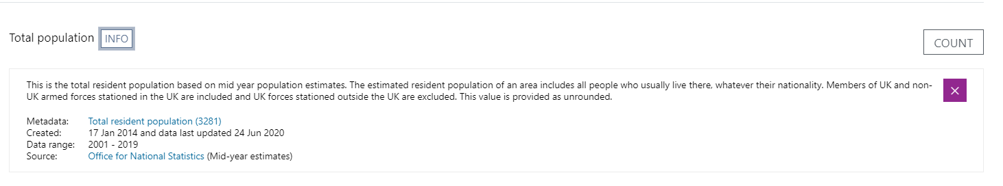 Screenshot showing an open ‘INFO’. Showing the detailed ‘Meta data’ about that metric.