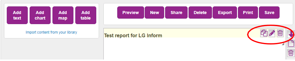 Screenshot showing the three controls available once text has been added to the report. The three controls: coppy, edit or remove feature on the top right hand corner of the text component. All report components have this feature.