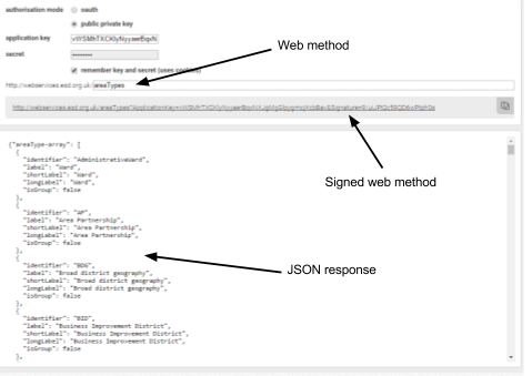 Screenshot of the Web method tool, the application key reference and the code for a JSON response