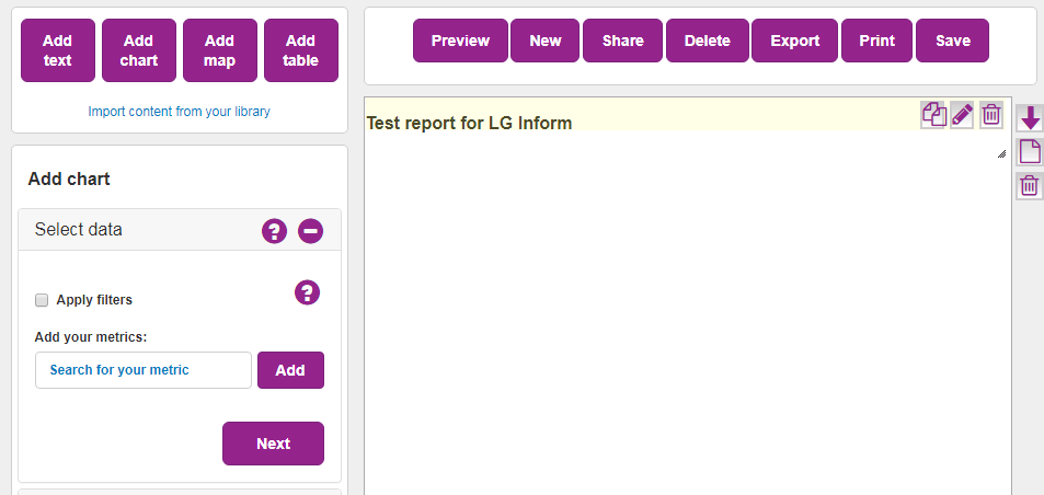 Screenshot showing what happens when the Add Chart Button is clicked. The first step of the report building accordion is opened at 'Select Data'