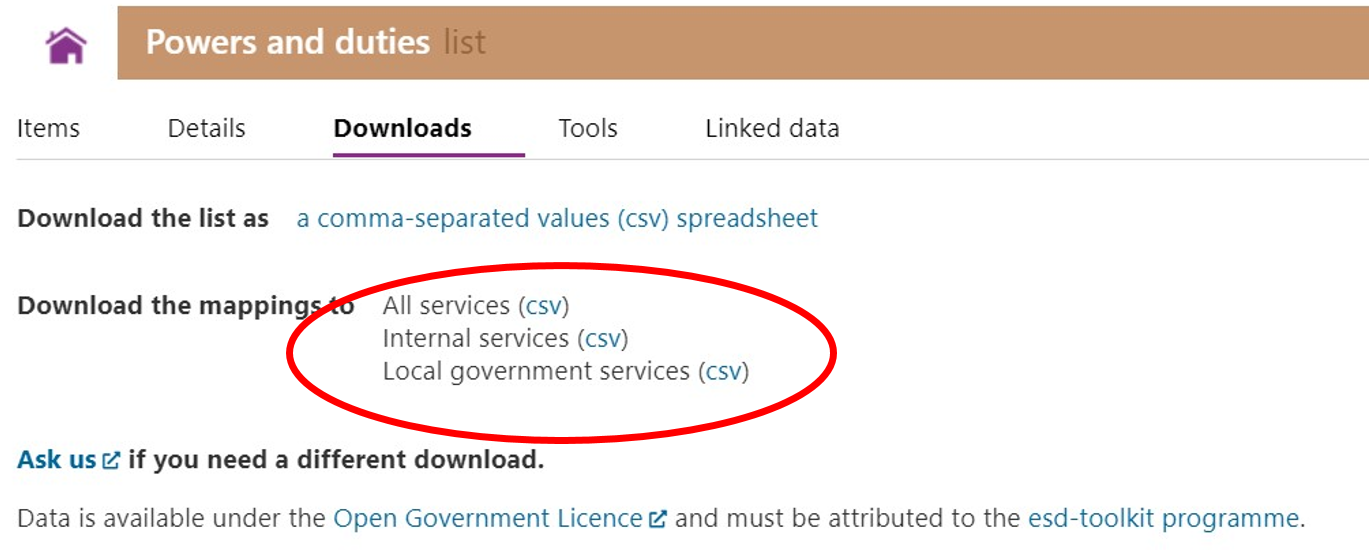 Screnshop showing the 'mappings' and Downloads csv links