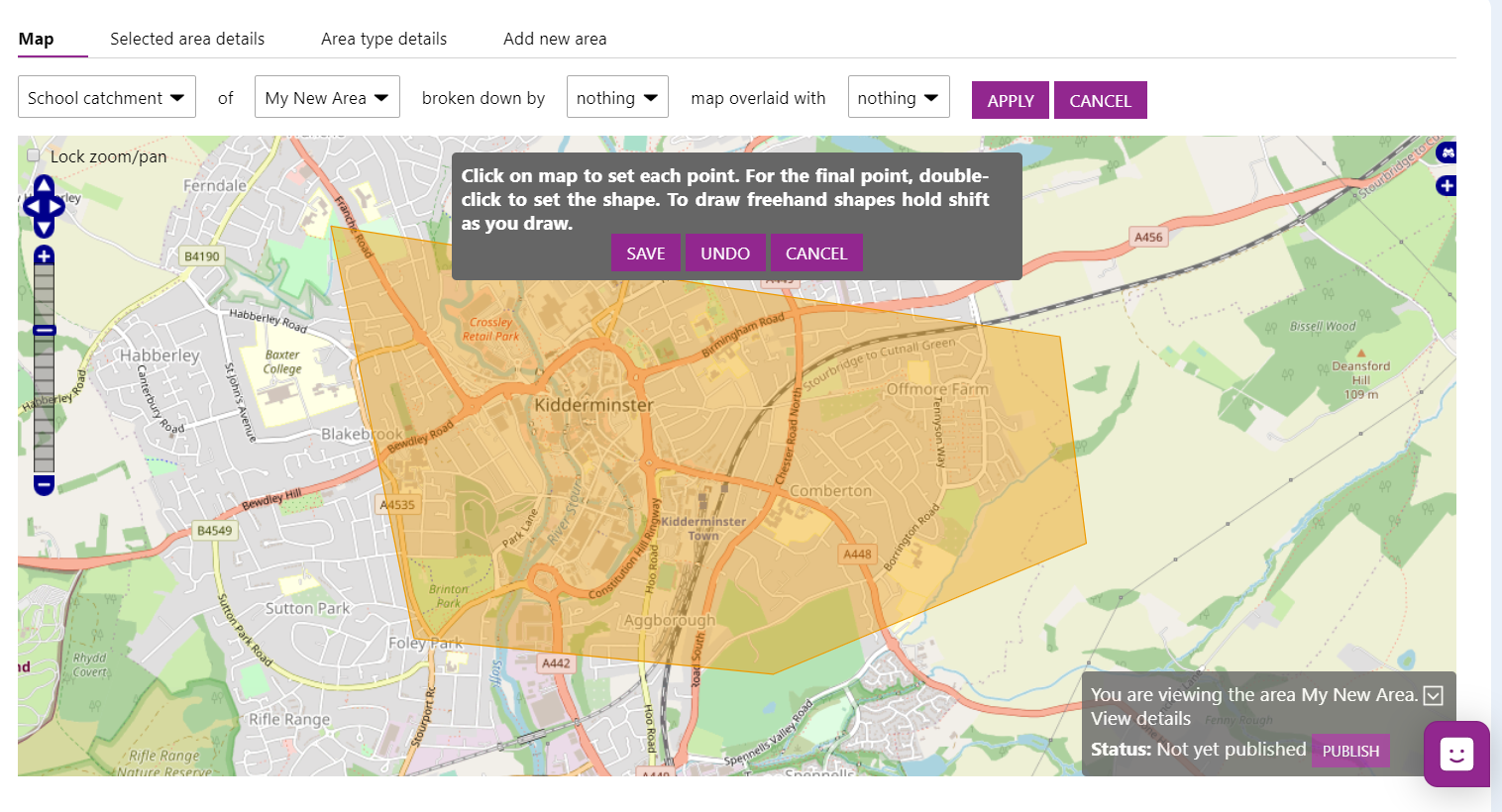 Example of drawn boundary: shown by using the mouse to place points on maps and draw an approximate boundary which defines the area the user is looking to build.