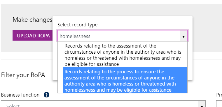 Screenshot showing 'search' results (homelessness) when adding manual records