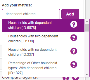 Screenshot Add Chart - showing a search and resultant listing of metrics ready to be selected beneath the 'Add your metrics:' search box.