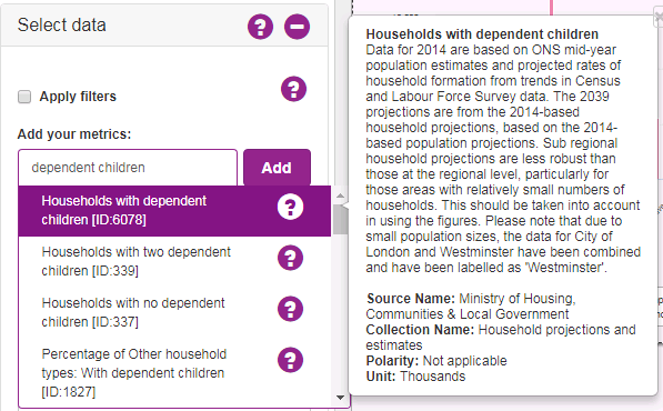 Screenshot Chart showing what happens for each metric in the list when the 'question mark' icon is clicked and meta data about the metric is displayed.