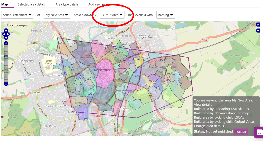 Screenshot of what happens when output area selector is chosen on the map.