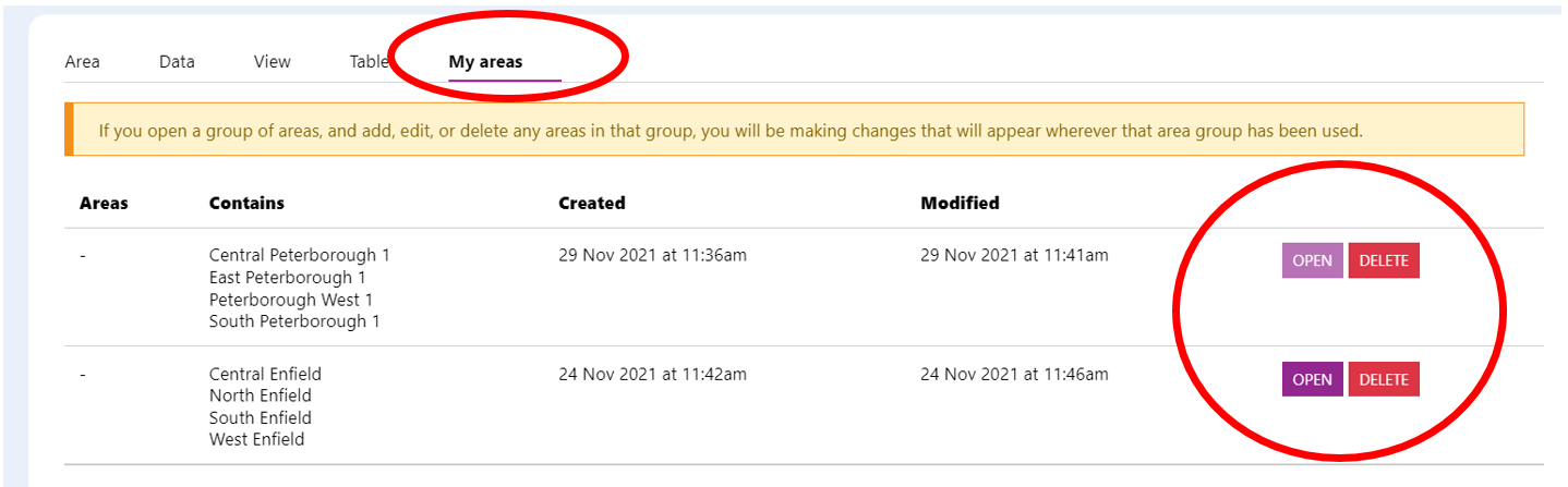Screenshot showing the 'My areas' tab circled. On this page users can view the new areas created along with OPEN or DELETE tabs to quickly open or remove groups
