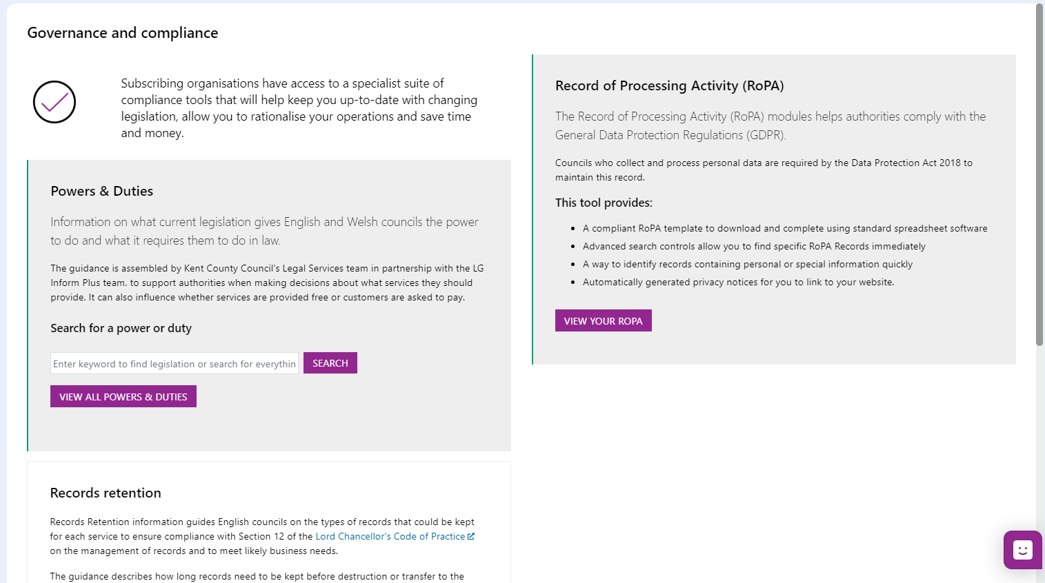 Screenshot of the Governance Hub page showing the introductory text for the Powers and Duties Module. introduction