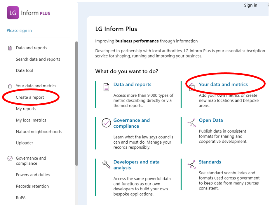 Screenshot of the landing page highlighting the 'Create report' link and the relevant Hub page.LGIP Report Builder access