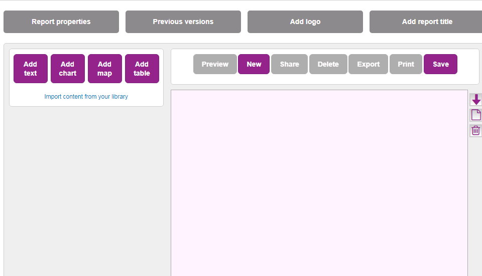 Screenshot showing the layout and controls which are used to create new LG Inform reports when inside the Report Builder tool.