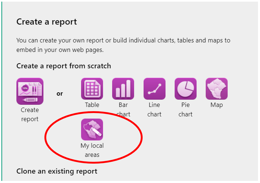 Screenshot of the 'Create a report' area with the My local areas component circled.