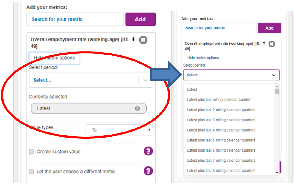 Screenshot showing within Metric Details users can see an option to select date period from a list