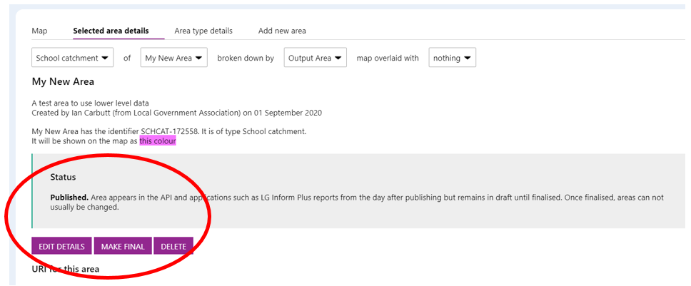 Screenshot showing the dialogue box changed to read Edit, Make Final and Delete as new options post publishing the area.