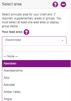 Screenshot showing how to select a local authority area. E.g. Westminster