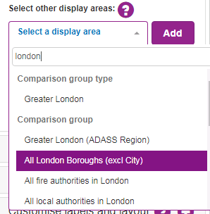 Screenshot showing how to select a display group e.g. All London boroughs. 