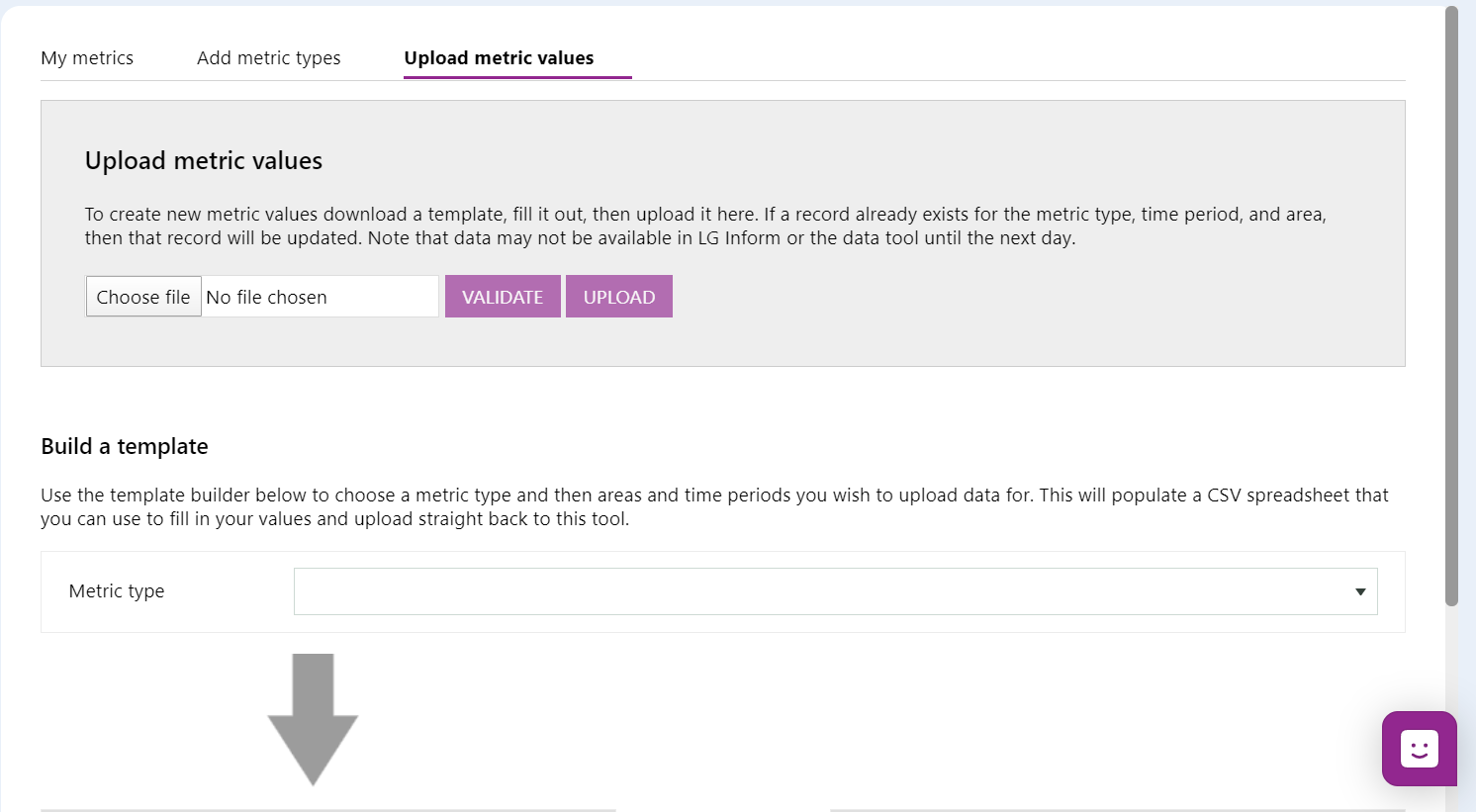 Screenshot of the steps required to build a data template. First select metric type.