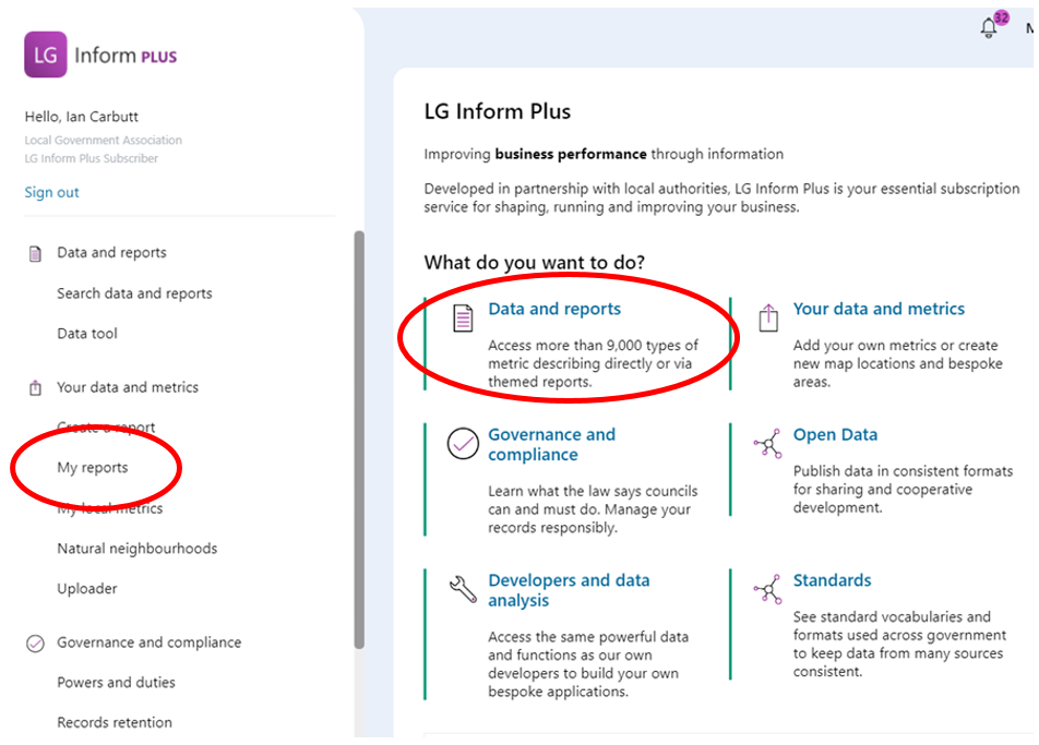 Screenshot showing where to go to view your new neighbourhood: 'Data and Reports' Hub page or 'My Reports'