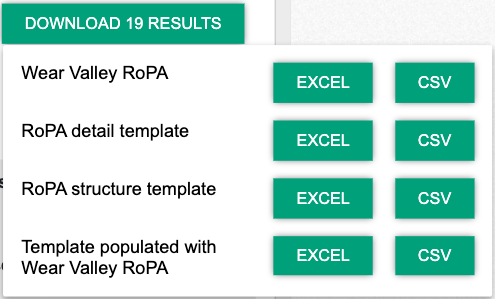 Screenshot of options to download Your RoPA on a spreadsheet