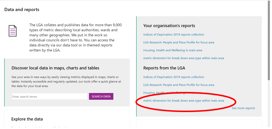 Screenshot of the Data and Reports hub page with a report selection highlighted.