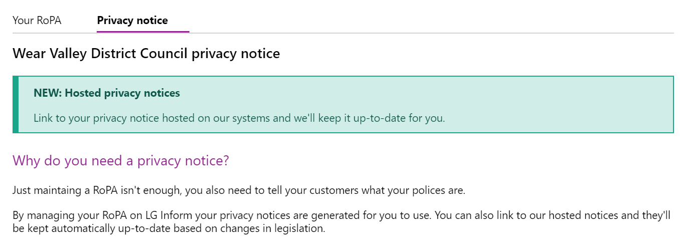 Screenshot of the contents of the Privacy notice tab
