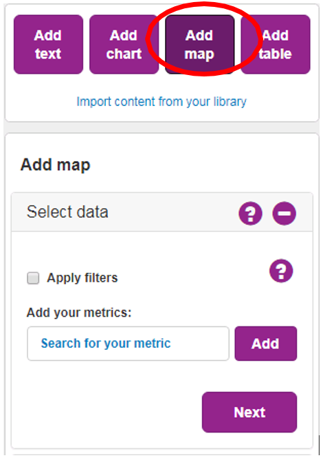 Screen shot showing the 'Add map' button and the first step of the accordion opened up to 'select data'