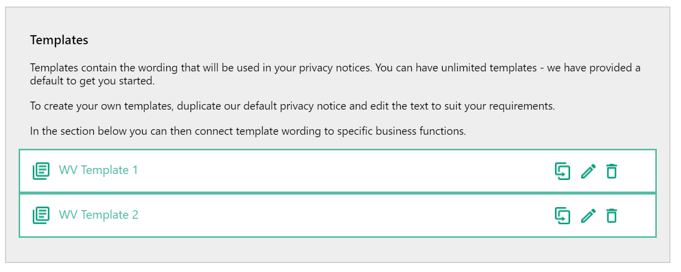 Screenshot of the available Privacy notice templates
