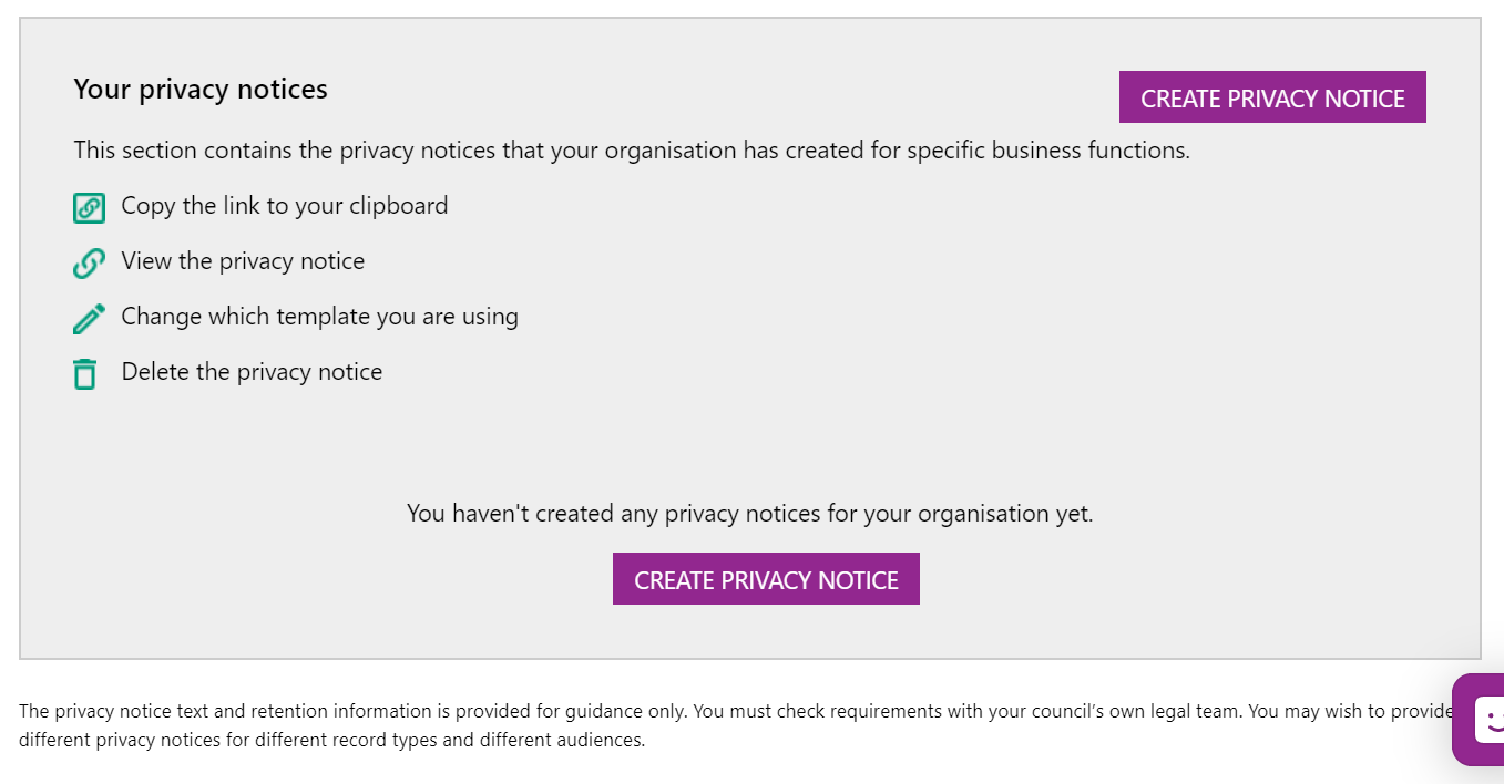 Screenshot highlighting the privacy notice options