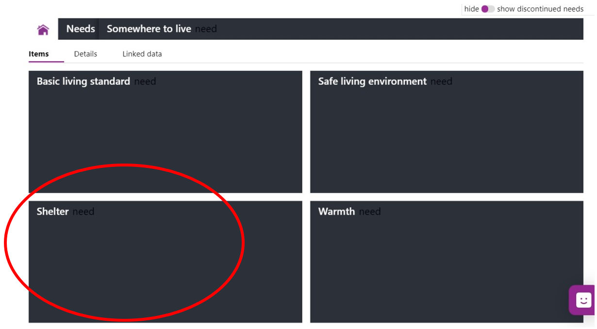Screenshot of the Needs - sub domains e.g.Shelter