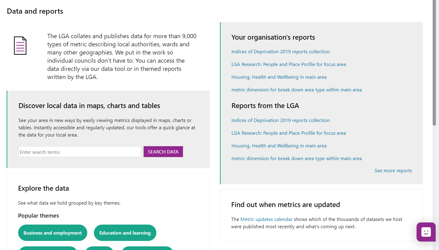 Screenshot of the Data and Reports 'Hub' page