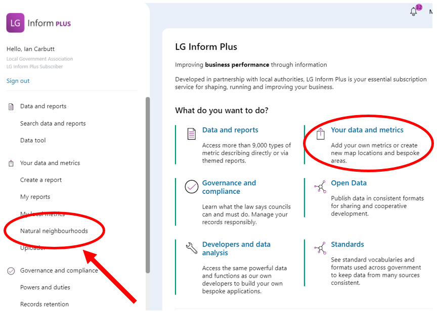 Screenshot showing the two different ways to access Natural Neighbourhoods: on the side navigation or by using one of the 'Hub pages': Your data and metrics.