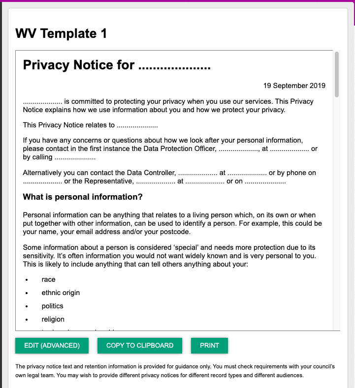 Screenshot of the new privacy notice created