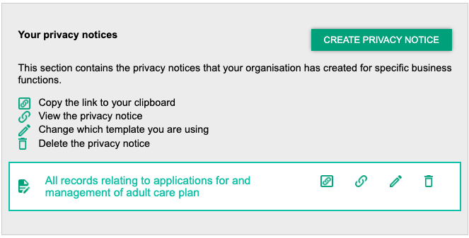 Screenshot highlighting the create privacy notice function