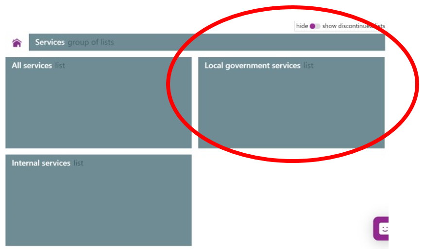 Screenshot of the Local Government services list area.